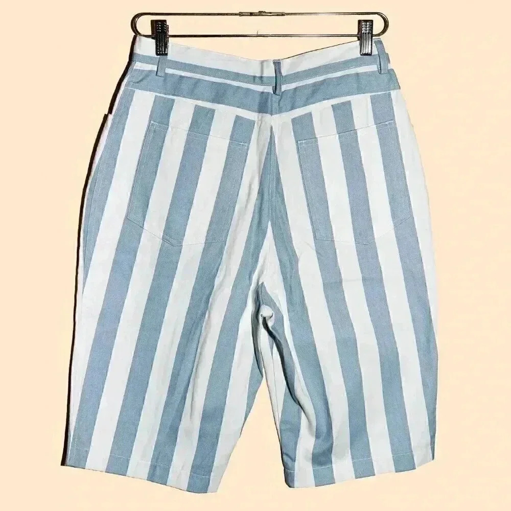 Vintage Adrienne Vittadini 80s Blue White Striped Long High waisted Shorts‎ Med